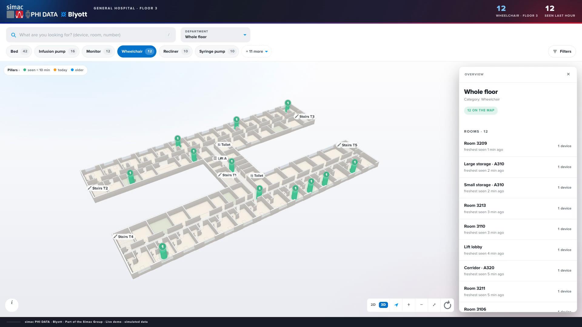 Blyott 3D-plattegrond met een looproute van lift C naar de dichtstbijzijnde rolstoel