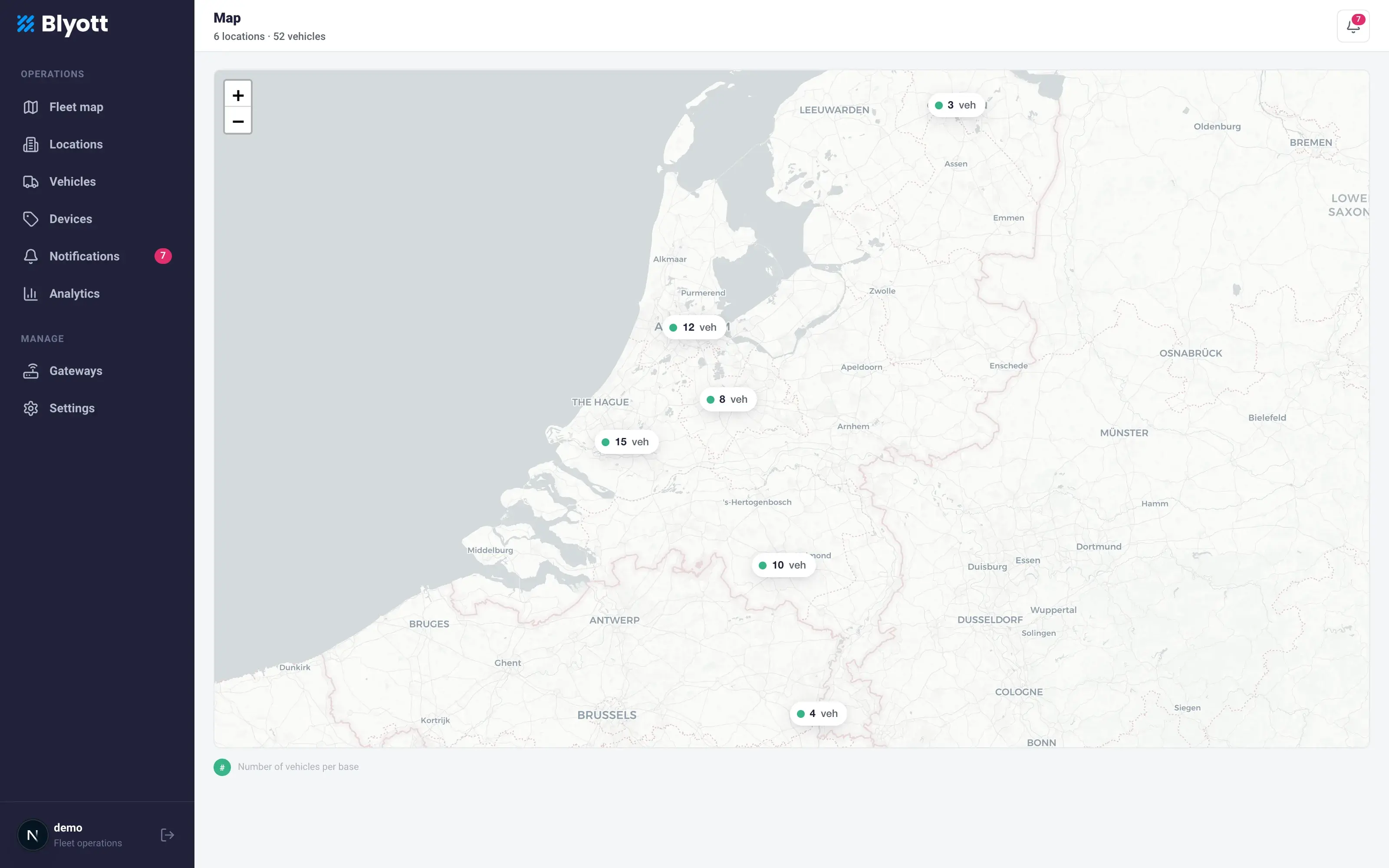 De Blyott Fleet-kaart — zes bases en 52 voertuigen live op één kaart