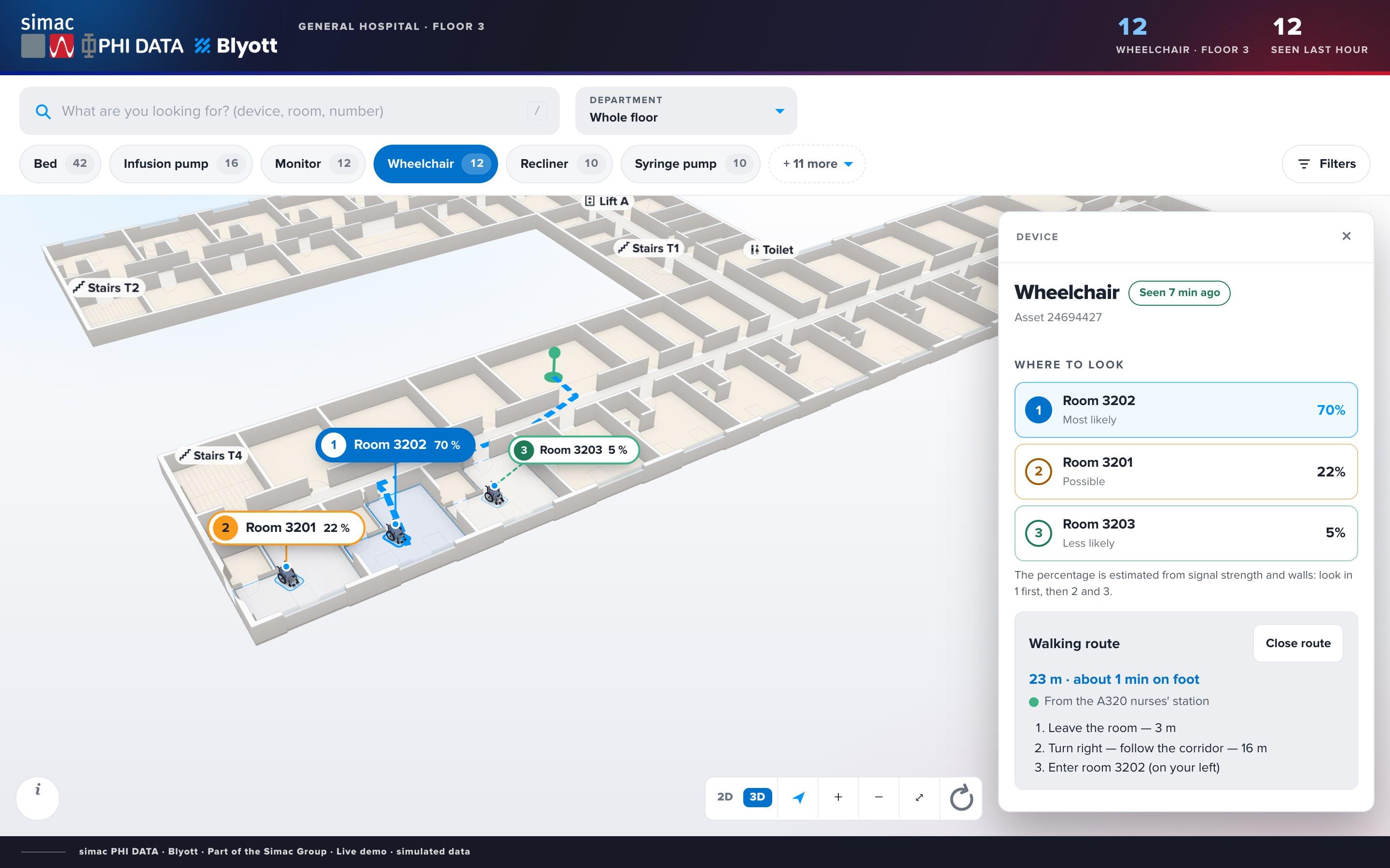 Blyott 3D-plattegrond met een blauwe route van lift C naar een rolstoel